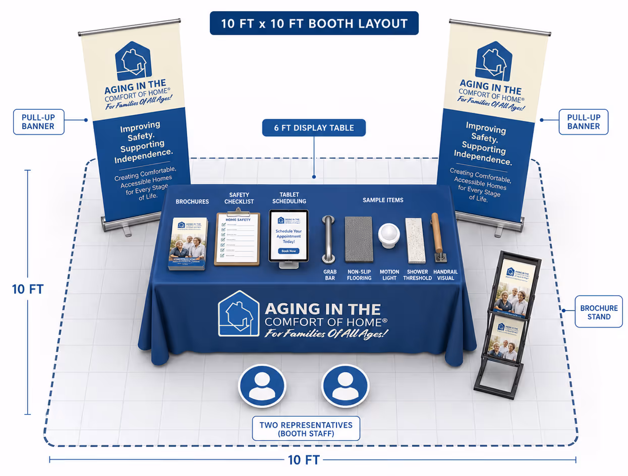 10 ft × 10 ft booth layout: two AITCOH pull-up banners on either side of a 6 ft display table with branded blue tablecloth. On the table: brochures, safety checklist, tablet for scheduling, and sample items (grab bar, non-slip flooring, motion light, shower threshold, handrail visual). A brochure stand sits to the right. Two representatives stand in front of the table.
