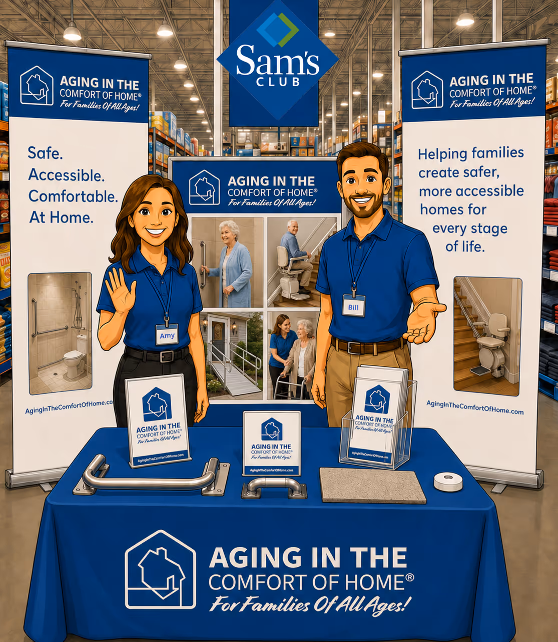 Illustrated reference of an AITCOH exhibit: two representatives at a branded blue display table with pull-up banners, a brochure stand, sample products, and a tablet, set inside a retail club environment.
